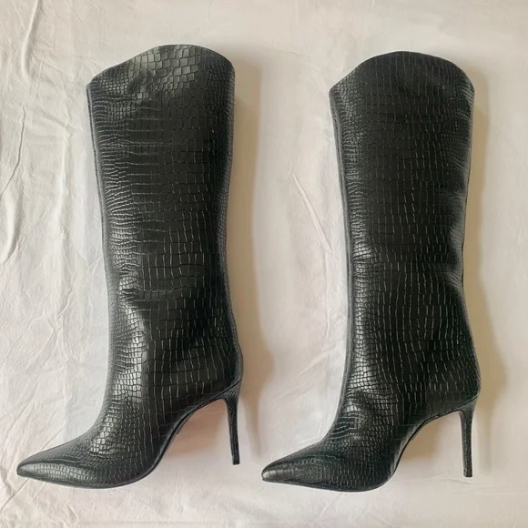 Schutz Maryana High Heel Leather Crocodile-Embossed Boot Black 7.5 - Picture 10 of 16